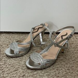 Nina Chic Silver Gemstone Studded Strappy Heels - Size 8.5